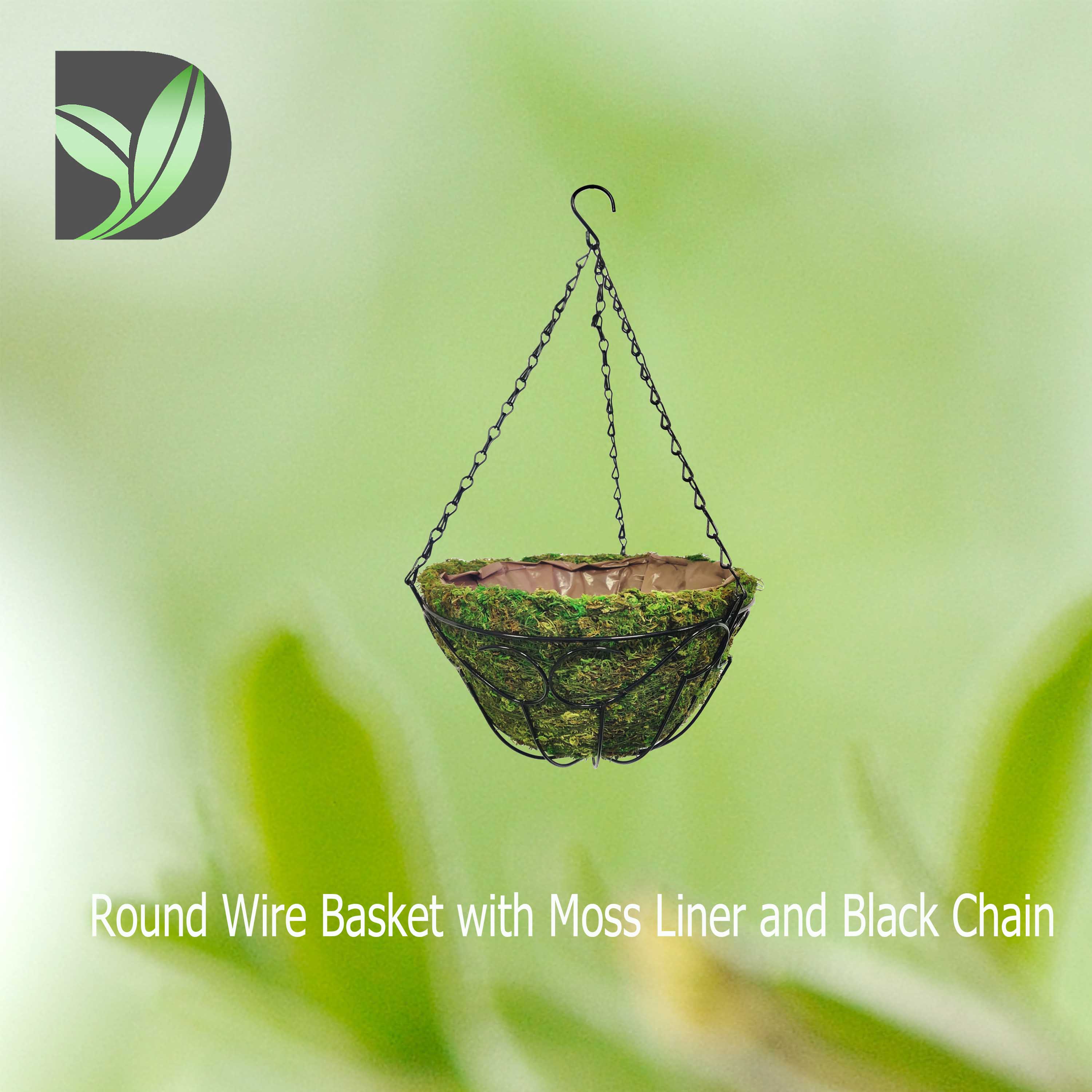 Round Wire Basket with Moss Liner and Black Chain